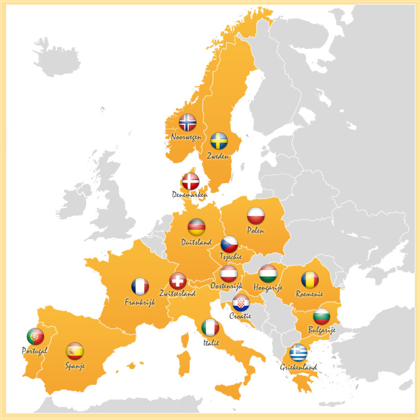De kaart van europa met landen waar u bij Nederlanders op vakantie kunt